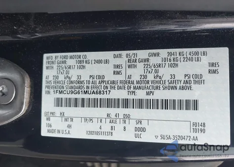 2021 Ford Escape Se from USA, damaged, VIN 1FMCU9G61MUA68317